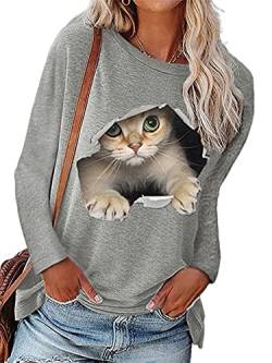 Colisha Damen-T-Shirt mit niedlichem 3D-Katzen-Druck, langärmelig, Rundhalsausschnitt, Übergröße, Oberteil für Damen, grau, XXXXXL von Colisha