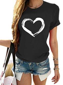 Damen T-Shirt Damen Herz Baumwolle Shirt Kurzarm Rundhals Sommer Tops Classic Tee Gr. Large, Schwarz von Colisha