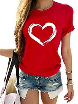 Damen T-Shirt Damen Herz Baumwolle Shirt Kurzarm Rundhals Sommer Tops Classic Tee Gr. Large, rot von Colisha