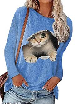 Colita Damen Langarmshirt Casual 3D Katze Drucken Pullover Rundhals Pulli Shirts Hemd Sweatshirt Tops Lose Langarm T-Shirt Bluse XL ## Blau von Colita