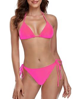 Colloyes Damen Sexy Bikini Set Neckholder String Triangel Badeanzug Krawatte Seite Bottom Badeanzug, Knallpink (Hot Pink), S von Colloyes