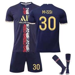 Paris PSG Jersey Set Fußballtrikot Für Kinder/Erwachsene, Nr. 30 Nr. 10 Nr. 7 Blau Weiß Sporttraining T-Shirts Shorts Und Stutzen Fußballtrikot Kinder Jungen Sporthose Sommer Herbst (Color : N, Size von Cololuck