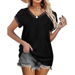 Coloody Damen Bluse Häkeln Spitzen Casual Sommer Einfarbig Hemd V Ausschnitt Blütenblatt Kurzärmel Swiss Dot Blusen Tops von Coloody