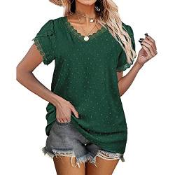 Coloody Damen Bluse Häkeln Spitzen Casual Sommer Einfarbig Hemd V Ausschnitt Blütenblatt Kurzärmel Swiss Dot Blusen Tops von Coloody