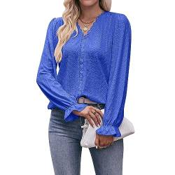 Coloody Damen Bluse Spitze T-Shirt Tops Elegant Hemd Langen Ärmeln V-Ausschnitt Oberteile Tunika-Blau-M von Coloody