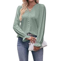 Coloody Damen Bluse Spitze T-Shirt Tops Elegant Hemd Langen Ärmeln V-Ausschnitt Oberteile Tunika-Grün-S von Coloody