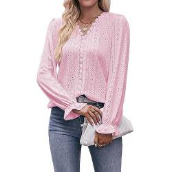 Coloody Damen Bluse Spitze T-Shirt Tops Elegant Hemd Langen Ärmeln V-Ausschnitt Oberteile Tunika-Hellrosa-L von Coloody