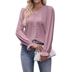 Coloody Damen Bluse Spitze T-Shirt Tops Elegant Hemd Langen Ärmeln V-Ausschnitt Oberteile Tunika-Rosa-M von Coloody