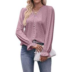 Coloody Damen Bluse Spitze T-Shirt Tops Elegant Hemd Langen Ärmeln V-Ausschnitt Oberteile Tunika-Rosa-S von Coloody