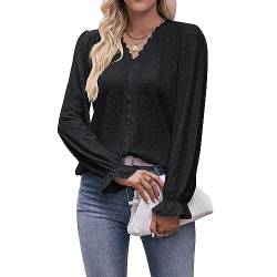 Coloody Damen Bluse Spitze T-Shirt Tops Elegant Hemd Langen Ärmeln V-Ausschnitt Oberteile Tunika-Schwarz-XXL von Coloody