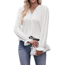 Coloody Damen Bluse Spitze T-Shirt Tops Elegant Hemd Langen Ärmeln V-Ausschnitt Oberteile Tunika-Weiß-M von Coloody