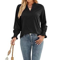 Coloody Damen Casual V Ausschnitt Langarm T-Shirts Basic Solid Tee Tops Bluse-Schwarz-XL von Coloody
