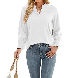 Coloody Damen Casual V Ausschnitt Langarm T-Shirts Basic Solid Tee Tops Bluse-Weiß-S von Coloody