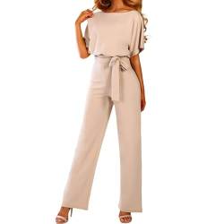 Coloody Damen Lang Jumpsuit Overall Hosenanzug Elegant Romper Kurzarm Rundhals Playsuit mit Gürtel Hosenanzug Breite Weites Bein Overall Beige von Coloody