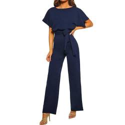 Coloody Damen Lang Jumpsuit Overall Hosenanzug Elegant Romper Kurzarm Rundhals Playsuit mit Gürtel Hosenanzug Breite Weites Bein Overall von Coloody