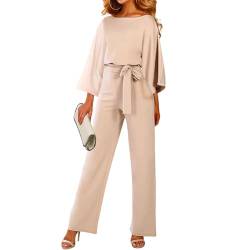 Coloody Damen Lang Jumpsuit Overall Hosenanzug Elegant Romper Kurzarm Rundhals Playsuit mit Gürtel Hosenanzug Breite Weites Bein Overall von Coloody