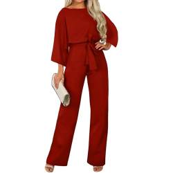 Coloody Damen Lang Jumpsuit Overall Hosenanzug Elegant Romper Kurzarm Rundhals Playsuit mit Gürtel Hosenanzug Breite Weites Bein Overall von Coloody