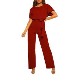 Coloody Damen Lang Jumpsuit Overall Hosenanzug Elegant Romper Kurzarm Rundhals Playsuit mit Gürtel Hosenanzug Breite Weites Bein Overall von Coloody