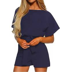 Coloody Damen Lang Jumpsuit Overall Hosenanzug Elegant Romper Kurzarm Rundhals Playsuit mit Gürtel Hosenanzug Breite Weites Bein Overall von Coloody