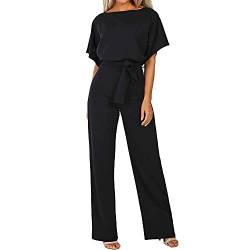 Coloody Damen Lang Jumpsuit Overall Hosenanzug Elegant Romper Kurzarm Rundhals Playsuit mit Gürtel Hosenanzug Breite Weites Bein Overall von Coloody