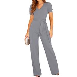 Coloody Damen Lang Jumpsuit Overall Hosenanzug V Ausschnitt Elegant Romper Kurzarm Rundhals Playsuit mit Gürtel Hosenanzug Breite Weites Bein Overall von Coloody