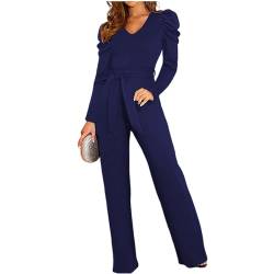 Coloody Damen Lang Jumpsuit Overall Hosenanzug V Ausschnitt Elegant Romper Kurzarm Rundhals Playsuit mit Gürtel Hosenanzug Breite Weites Bein Overall von Coloody