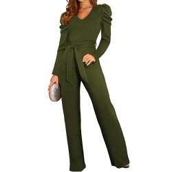 Coloody Damen Lang Jumpsuit Overall Hosenanzug V Ausschnitt Elegant Romper Kurzarm Rundhals Playsuit mit Gürtel Hosenanzug Breite Weites Bein Overall von Coloody