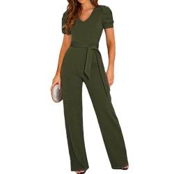 Coloody Damen Lang Jumpsuit Overall Hosenanzug V Ausschnitt Elegant Romper Kurzarm Rundhals Playsuit mit Gürtel Hosenanzug Breite Weites Bein Overall von Coloody