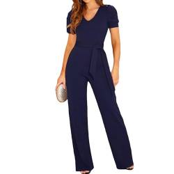 Coloody Damen Lang Jumpsuit Overall Hosenanzug V Ausschnitt Elegant Romper Kurzarm Rundhals Playsuit mit Gürtel Hosenanzug Breite Weites Bein Overall von Coloody