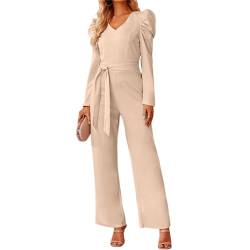 Coloody Damen Lang Jumpsuit Overall Hosenanzug V Ausschnitt Elegant Romper Kurzarm Rundhals Playsuit mit Gürtel Hosenanzug Breite Weites Bein Overall von Coloody