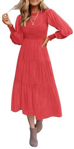 Coloody Damen Sommer Casual Midi Maxikleid Boho Flatterärmel Rundhalsausschnitt gesmokte elastische Taille gestufte A-Linie Strandkleid, Langarm, Wassermelonenrot, XX-Large von Coloody