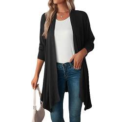 Coloody Damen Strickjacke Langarm Open Front Casual Einfarbige Dünn Cardigan Leichte Weiche Top Elegant Gestrickt Jacke Lang Sweater-Schwarz-XL von Coloody