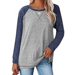 Coloody Damen T-Shirt Rundhals Sweatshirt Langarm Oberteile Color Block Basic Bluse Tunika Tops(Grau Blau,S) von Coloody