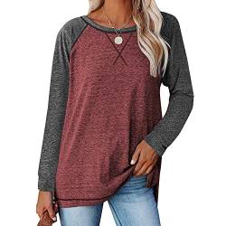 Coloody Damen T-Shirt Rundhals Sweatshirt Langarm Oberteile Color Block Basic Bluse Tunika Tops(Rot Grau,S) von Coloody