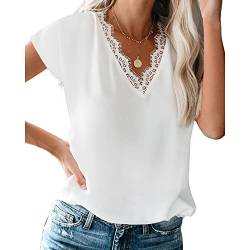 Coloody Damen Tops Sommer Blusentop Spitzen V-Ausschnitt Kurzarm Tops Casual Shirt Tops Bluse(Weiß) S von Coloody