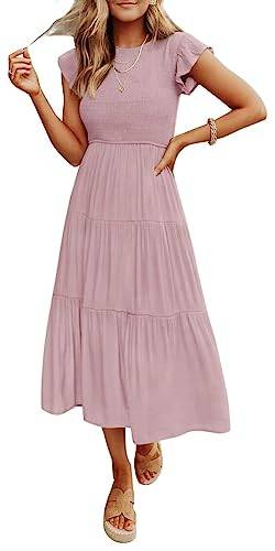 Coloody Women's Summer Casual Midi Dress Rundhals Flatterärmel Lang Kleid Hohe Taille Gesmoktes Gestuftes A-Linie Strandkleid 2023 von Coloody