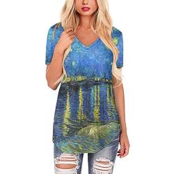 Coloranimal Fashion Sommer Kurzarm T-Shirts V Ausschnitt Loose Fit Tunika Top Größe S-4XL, Van Gogh Sternennacht, 4X-Groß von Coloranimal