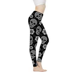 Coloranimal Sonnenblumen-Yogahose für Damen, dehnbar, hohe Taille, lustige Workout-Leggings, volle Länge (XS-3XL), Schwarze Totenkopf-Blumen, XXL von Coloranimal