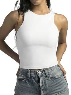 Colorfulkoala Damen Sommer Tank Tops Body Contour Ärmellos Crop Doppelt Gefüttert Yoga Shirts, weiß, Large von Colorfulkoala