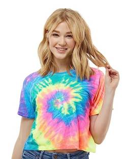 Colortone Damen Batik Crop T-Shirt | Batik Shirt XS - XL in verschiedenen Mustern | Hippie Shirt Damen Crop Top aus Baumwolle | Handgefärbtes Batik Design | Neon Rainbow, S von Colortone