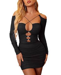 Colysmo Frauen Sexy aushöhlen Bodycon Kleid geraffte Mesh Minikleider für Club Night Out, A Schwarz, Mittel von Colysmo