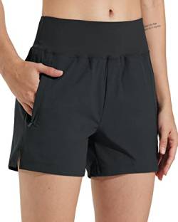 Comallan Damen Sport Shorts High Waist Laufhose Sommer Kurze Hose Schnell Trocknend Fitness Shorts Yoga Shorts Gym Jogging Training Sporthose für Damen mit Taschen-Schwarz XL von Comallan