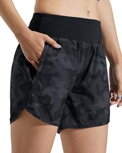 Comallan Damen Sport Shorts Schnell Trocknend Laufhose mit Liner Leicht Atmungsaktiv Fitness Kurze Hose Jogging Running Training Yoga-Schwarz grau getarnt M von Comallan