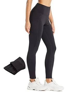 Comallan Damen Winter Thermo Leggings, Wasserdicht Lauf Sport Tights Laufhose Wanderhosen Training Hose Mit Fleece gefüttert und Taschen, Schwarz L von Comallan