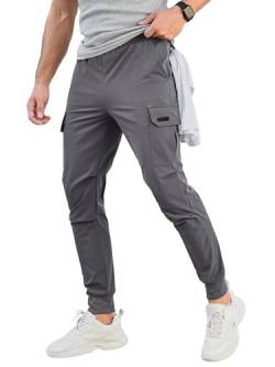 Comdecevis Herren-Cargo-Jogginghose, Stretch, schmale Passform, Trainingshose mit Reißverschlusstaschen, Freizeithose, Mittelgrau, Groß von Comdecevis