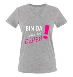 Comedy Shirts - Bin da kann los gehen! - Damen V-Neck T-Shirt - Graumeliert/Weiss-Pink Gr. S von Comedy Shirts