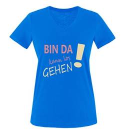 Comedy Shirts - Bin da kann los gehen! - Damen V-Neck T-Shirt - Royalblau/Rosa-Beige Gr. L von Comedy Shirts
