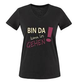 Comedy Shirts - Bin da kann los gehen! - Damen V-Neck T-Shirt - Schwarz/Beige-Fuchsia Gr. M von Comedy Shirts