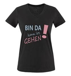 Comedy Shirts - Bin da kann los gehen! - Damen V-Neck T-Shirt - Schwarz/Eisblau-Rosa Gr. S von Comedy Shirts