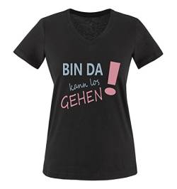 Comedy Shirts - Bin da kann los gehen! - Damen V-Neck T-Shirt - Schwarz/Eisblau-Rosa Gr. XXL von Comedy Shirts